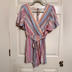 Blue Rain Striped Short Sleeve Romper with Pockets - Flowy - Medium - NWT
